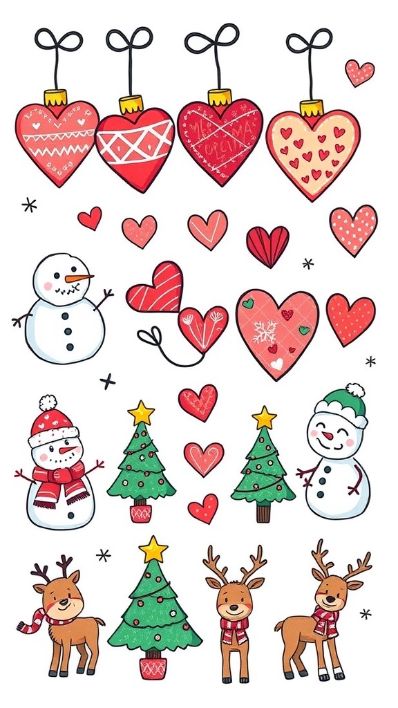 Cute Christmas Doodles for Love A variety of cute Christmas doodles including hearts, snowmen, and trees, showcasing love and holiday spirit.